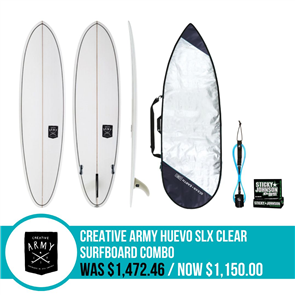 Creative Army Huevo SLX Clear Surfboard, Basic Fish Bag, Leash & Wax Combo